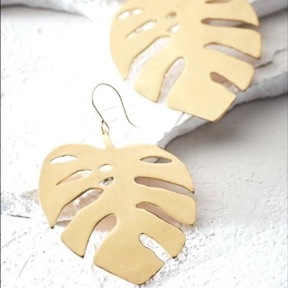 Monstera Leaf Goldtone French Wire Earrings - Picture 7 of 7